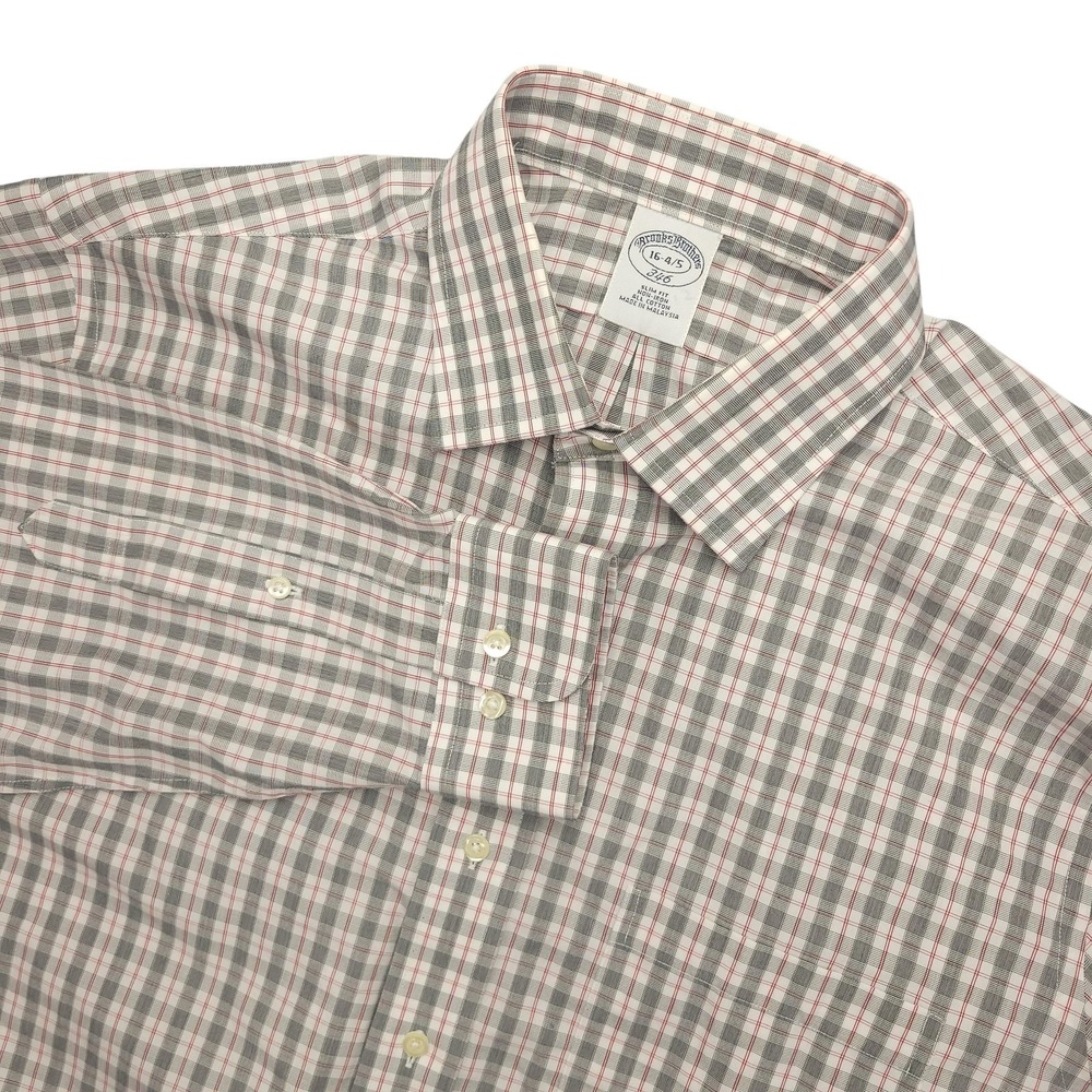 Brooks Brothers Dress Shirt Mens 17 34/35 Gray Red Check 346 Slim Fit Non Iron